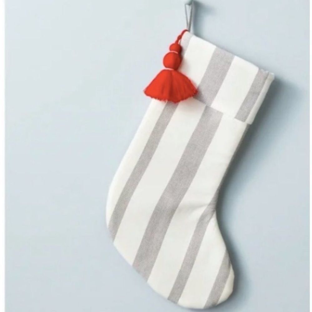 Hearth & Hand Black and White Ticking Striped Stocking with Red Tassel